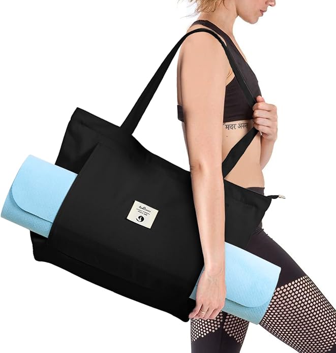 WLLWOO Yoga Mat Carrier Bag for Women Canvas Carryall Tote Gym Pilates | Large Holder Zipper Shoulder for Beach Travel Workout Fitness Office
