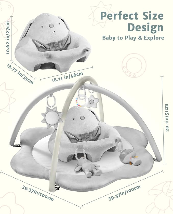 suihuooo 3-in-1 Baby Play Mat, Baby Seats for Infants for Sitting Up, Tummy Time Mat with 5 Detachable Toys, Baby Activity Gym & Playmats for Babies 0-6 6-12 Months, Newborn Shower Gifts