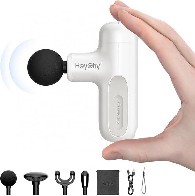 HEYCHY Super Mini Massage Gun Deep Tissue, Handheld Muscle Massager with 4 Heads, Percussion Travel Size Massager Gun FSA Eligible for Men Women Back Relief, Quiet for Home, Gym, Office, HSA, White
