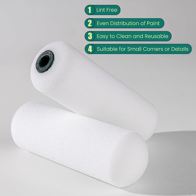 Foam Paint Roller Covers, Small Paint Roller 4 Inch, 10 Pack | Mini Rollers for Painting, Foam Paint Roller Refills for Smooth Finishes on Walls, Cabinets and Doors, Fit 4" Roller Frame
