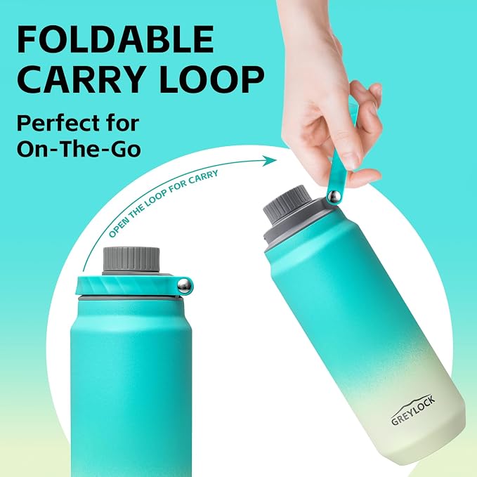 Greylock 20 oz Insulated Water Bottle with Straw Lid, Reusable Stainless Steel Sports Water Bottles with Foldable Handle, Leak Proof, Double-Wall Vacuum Insulation, 24 Hours Cold (Mint)