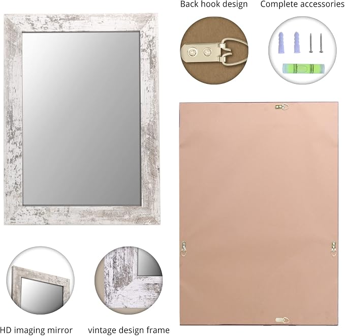 Syndra Rectangular Mirror with Frame Rustic 20x28‘’ Wall Mounted Rustic Vanity Mirror with Large Wood Frame Farmhouse Bathroom Mirror, for Bedroom, Living Room, Entryway Wall Decor(White)