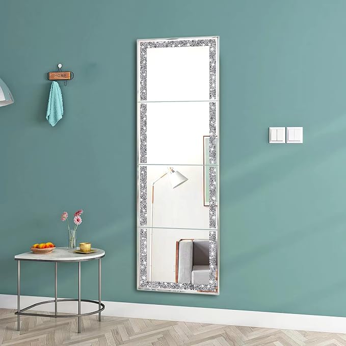 Meetart Full Length Mirror Tiles, Crystal Crush Diamond Body Wall Mirror, 14''x11'' 4PCS Glass Frameless Make Up for Home Decor, Room and Wall Decor