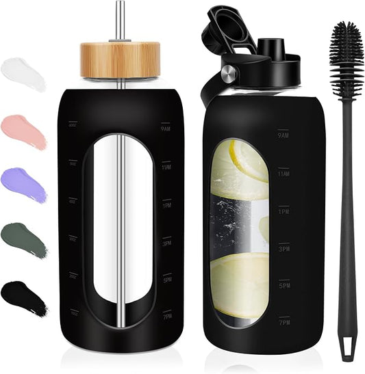 FULBEVY Glass Water Bottles 64 oz - Half Gallon Large Motivational Daily Water Intake Bottle Time Marker - Glass Water Bottle With Straw, Silicone Sleeve 2 Lids, Handle Spout & Bamboo Lid(Black)