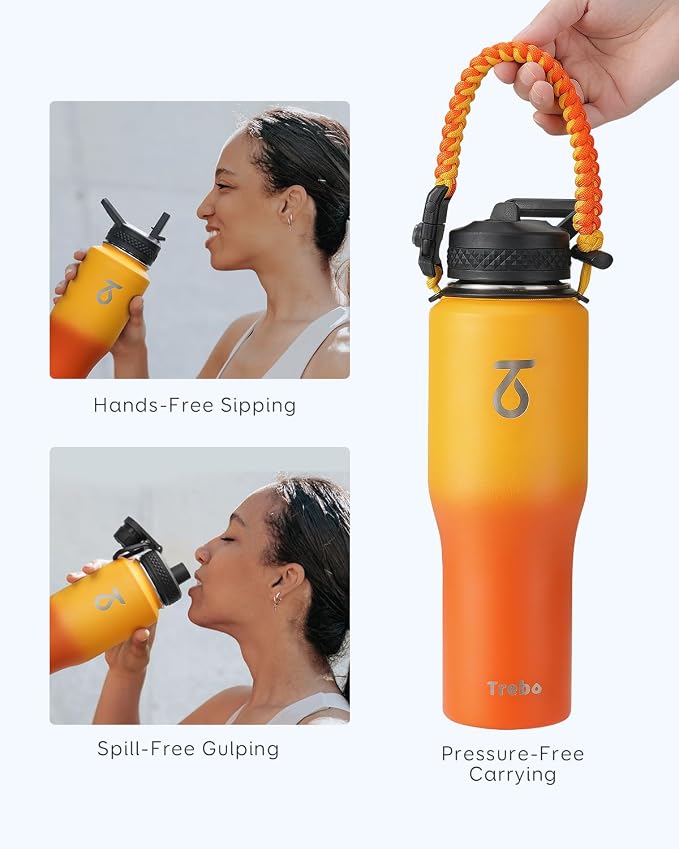 Trebo 32 oz Water Bottle Insulated Fits in Any Car Cup Holder with 2 Lids | Stainless Steel T-shape Tumbler with Paracord Handle, Triple Wall Vacuum Copper Plated, Cold 48 Hrs for Travel, Leakproof