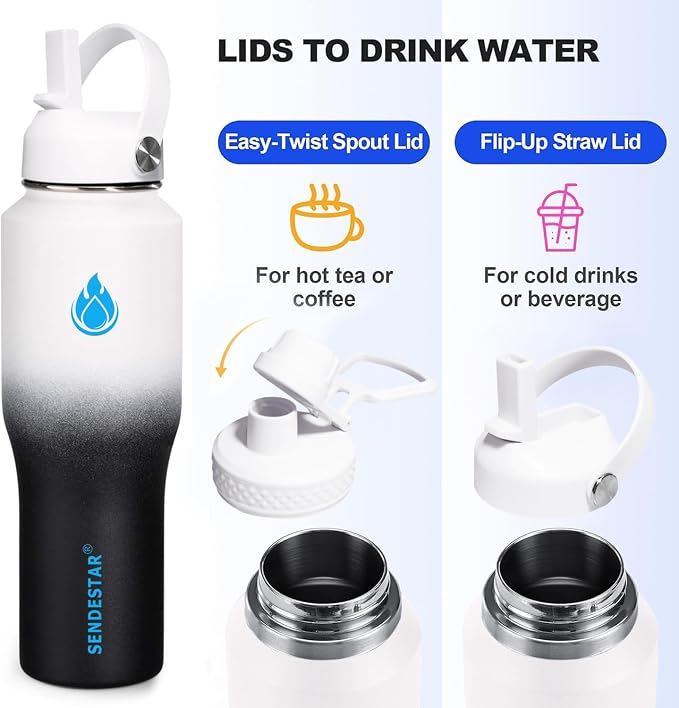 SENDESTAR 32oz Water Bottle Wide Mouth Stainless Steel Vacuum Insulated Double Wall with 2 Straw Lids Fit in Any Car Cup Holder