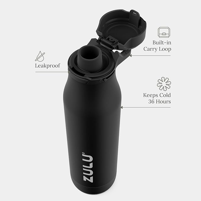 ZULU Ace 24oz Insulated Stainless Steel Water Bottle, Chug Spout, Black | Leakproof water bottle keeps drinks cold for hours. BPA-free, locking lid, sip or chug, perfect for gym, travel, and school.
