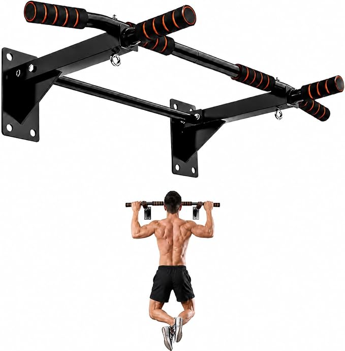 Wall Mounted Pull Up Bar, 500 LBS Heavy Duty Chin Up Bar for Home Gym | 500 LB Steel Frame Zero Wobble Triangle Multi-Grip Foam Handles Suspension Anchor Ready Garage Basement Install