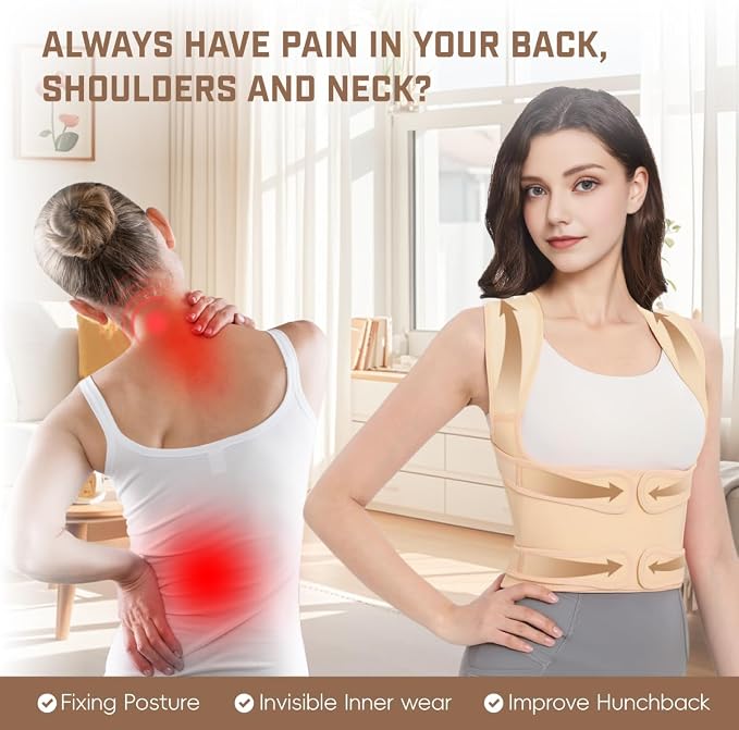 Back Brace Posture Corrector for Women & Men, Adjustable Shoulder Straightener with Full Back Support, Relief for Lower & Upper Back Pain, Hunchback & Scoliosis (Beige, Medium)