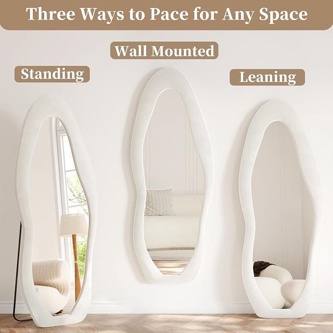 Full Length Mirror, 71"x30" Flannel Floor Mirrors with Stand | Flannel Floor Mirrors with Stand, Irregular Wavy Mirror Hanging or Leaning Against Wall for Bedroom Living Room, White