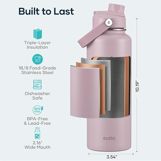 BUZIO Triple Wall Vacuum Water Bottle with Dust-Proof Straw & Spout Lids | 40 oz Insulated Stainless Steel Water Flask (Cold for 48 Hrs/Hot for 24 Hrs), Dishwasher Safe, Leakproof, Non-BPA, for Hiking