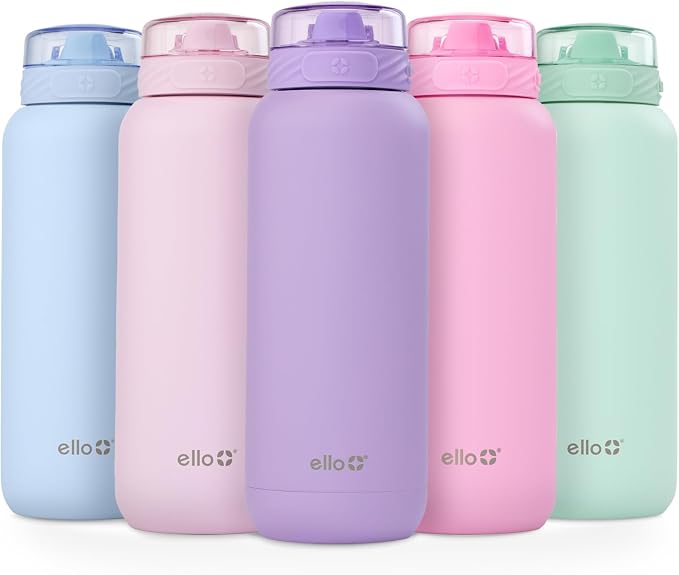Ello Cooper 32oz Stainless Steel Water Bottle with Straw and Carry Handle, Double Walled and Vacuum Insulated Metal, Leak Proof Locking Lid with Soft Silicone Spout, Reusable, BPA Free, Lilac