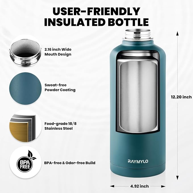 RAYMYLO Insulated Water Bottle 87 oz, Triple Wall Vacuum Stainless Steel | Cold for 48 Hrs), Leak Proof & Non-BPA, Modern Water Flask Jug with Paracord Handle & Straw Spout Lids, Dark Green
