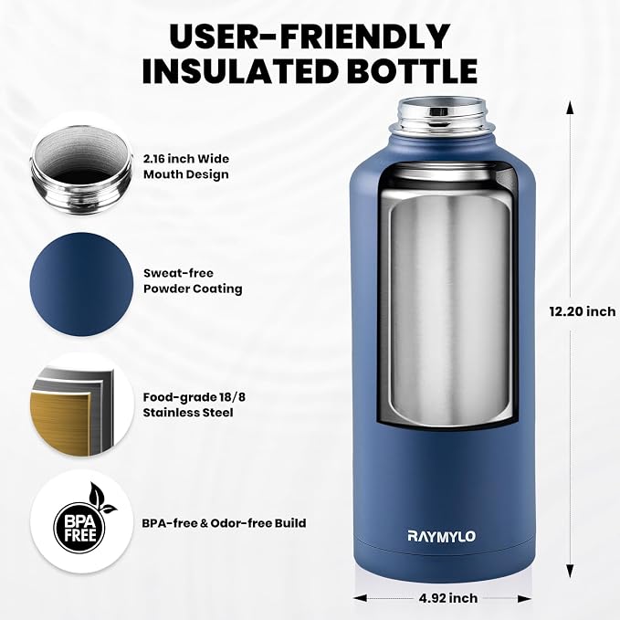 RAYMYLO Insulated Water Bottle 87 oz, Triple Wall Vacuum Stainless Steel | Cold for 48 Hrs), Leak Proof & Non-BPA, Modern Water Flask Jug with Paracord Handle & Straw Spout Lids, Navy Blue