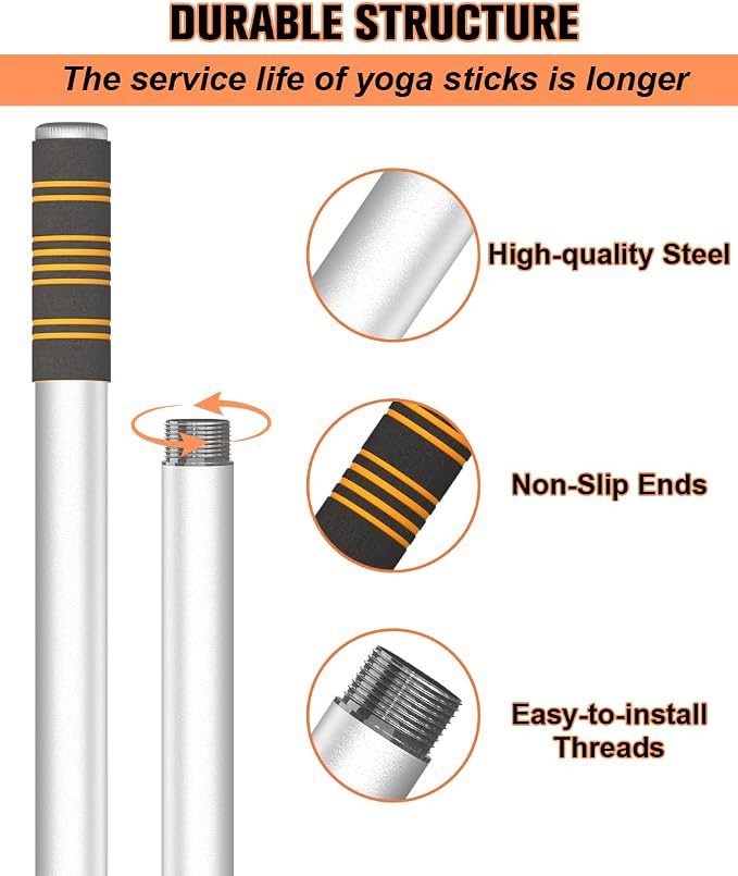 Queension 5ft Yoga Stick Adjustable Stretching Bar for Mobility & Balance | Heavy-Duty Steel Multi-Functional Fitness Pole with 4 Steel Rods & Comfort Foam Grips