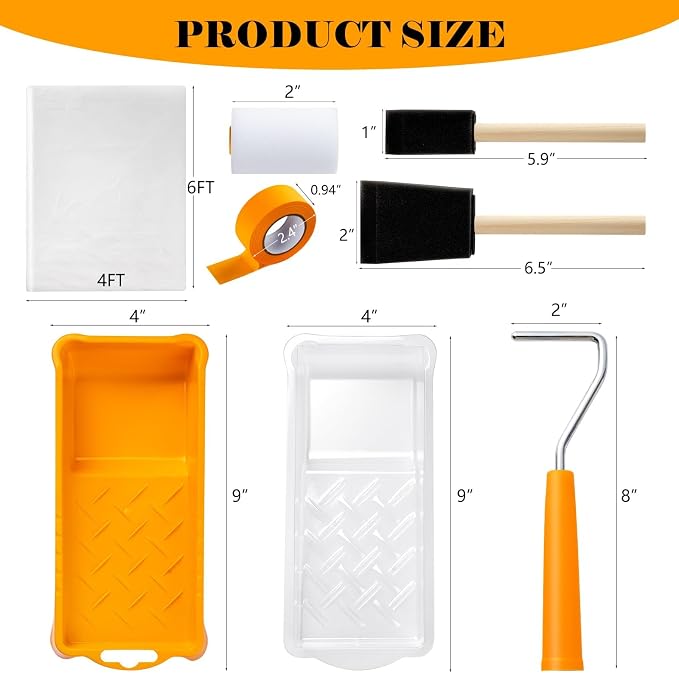 Mister Rui Mini Foam Paint Roller Kit, 2 Inch Paint Tray with Liner 20 Pack | Small Paint Rollers with Tray Disposable liners, Foam Roller Paint Brushes, Tape, Drop Cloth for Painting, Trim, Touch-ups