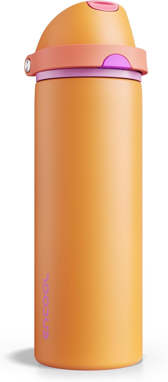 Insulated Water Bottle with Straw - Encool Stainless Steel Water Bottle with Push Button Lid, Leak-Proof & BPA-Free, Keeps Cold for 24 Hours for Sports, Travel, Gym (24 oz, Tiger Eye)