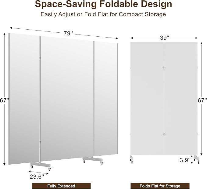 brisafe 79''×67'' Large Full Body Non-Glass Frameless Mirror on Wheels, NanoMirror 360° Swivel Shatterproof Unbreakable Foldable Fitness Mirror for Home Gym Yoga Dance Studio, Silver | Tri-Fold Compact Storage, Nano Shatter-Resistant, Aerospace Aluminu...