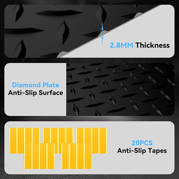 6x20 FT Garage Floor Mat, 2.8mm Thickened Diamond Plate | PVC Flooring Roll for Under Car/Golf Cart/Motorcycle, Garage Mat for Warehouse/Basement/Gyms/Trailer, Tapes Included, Black
