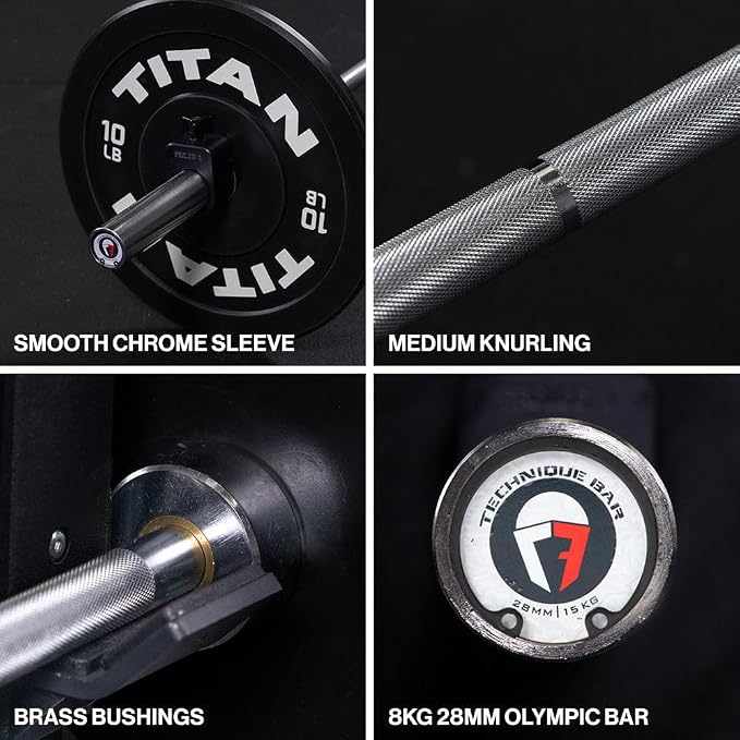 Titan Fitness Olympic Technique Training Barbell, 6 FT Chrome Finish, 15 KG(33lb) 28MM Shaft, Rated 500 LB, Weightlifting Bar