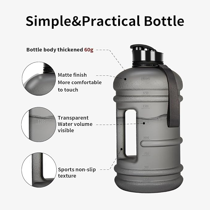 TOOFEEL Half Gallon Water Jug - 2 Liter BPA Free Reusable Bottle with Measurements - Ideal for Gym, 74 oz Matte Light Gray