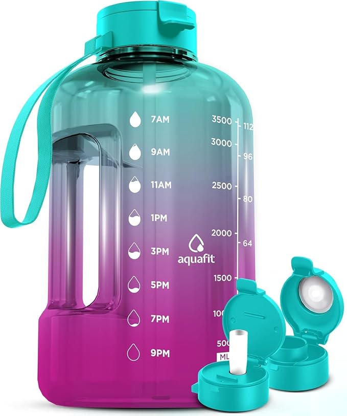 AQUAFIT 1 Gallon Water Bottle with Time Marker | BPA Free 128 oz Water Bottle with Straw and Chug Lids - Leakproof Gym Water Bottle with Carry Handle (Galaxy)