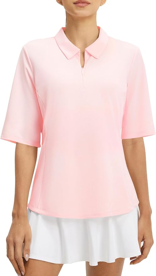baleaf Womens Golf Shirts Half Sleeve Elbow Length Polo Tops | Stretch, Sun Protection UPF 50+, Quick Dry, Breathable, Moisture Wicking, Quarter Zip V Neck, Ideal for Golf Work Casual