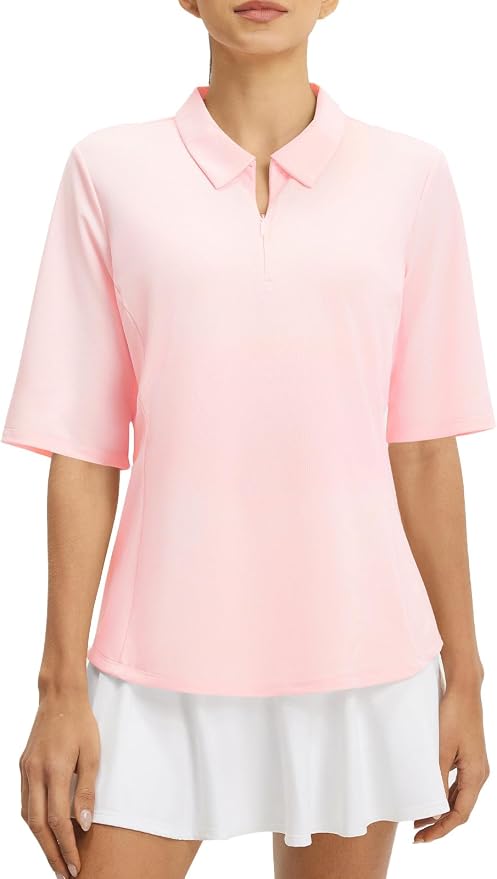 baleaf Womens Golf Shirts Half Sleeve Elbow Length Polo Tops | Stretch, Sun Protection UPF 50+, Quick Dry, Breathable, Moisture Wicking, Quarter Zip V Neck, Ideal for Golf Work Casual