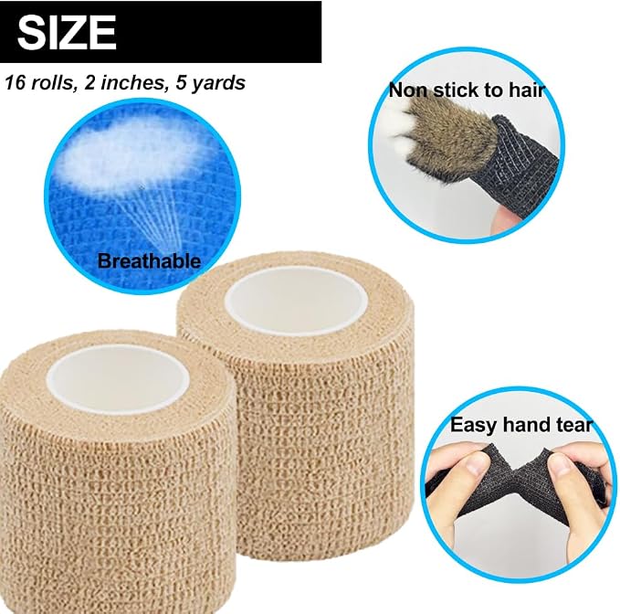 16 Pack Self Adhesive Bandage Wrap 2 Inches | 2" X 5 Yards Beige Elastic Cohesive Bandage Wrap for Sports, Wrist, Ankle and Vet Wrap,Grip Tape
