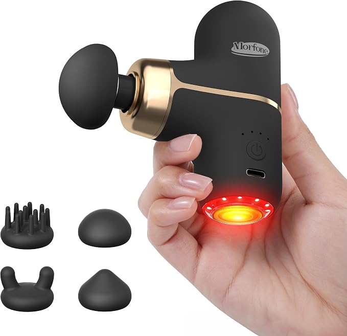 Super Mini Massage Gun with Heat & Red Light, 0.48 lb Travel Massage Gun | Palm-Sized Deep Tissues Percussion Muscle Massager 4 Heads 4 Speeds Compact Ultra-Quiet Type-C Charging for Home Office Black