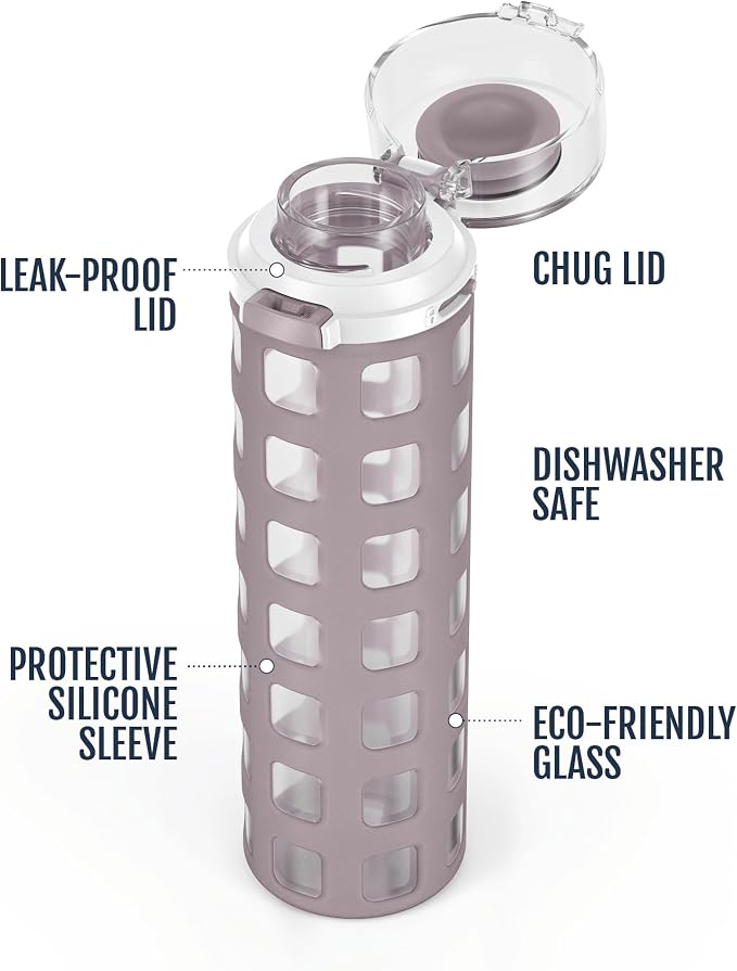 Ello Syndicate 20oz Glass Water Bottle with Flip Lid and Sleeve, Mauvewood | Glass water bottle for iced drinks with leakproof flip lid, silicone sleeve, carry loop, BPA-free, and dishwasher safe