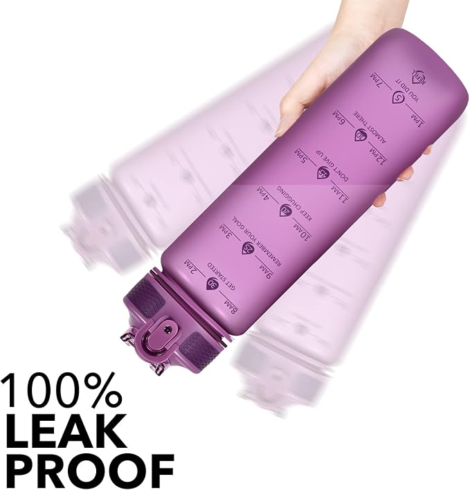 Hyeta Plastic Water Bottle With Straw & Time Marker, 32oz Leakproof Jug | Motivational Tritan BPA Free Gym Office Outdoor Intake Tracker Hourly Reminder Straw Lid Lightweight