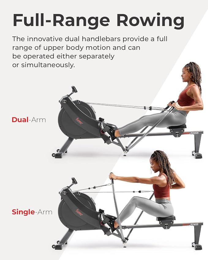 Sunny Health & Fitness Smart 360° Dual-Function Magnetic Rowing Machine, Full-Motion Workout with 51-Inch Extended Rail, Total-Body Training for Home, Free SunnyFit APP Connection