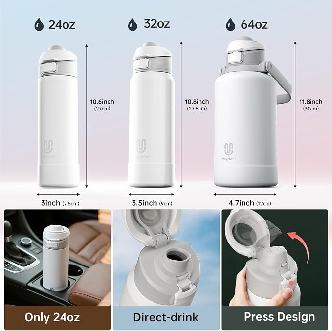Insulated Magnetic Water Bottle - Reusable Stainless Steel Bottle with MagSafe Compatible Phone Holder - Keeps Cold for 24 Hours - Perfect for Gym, Sports, and Travel - White 24oz