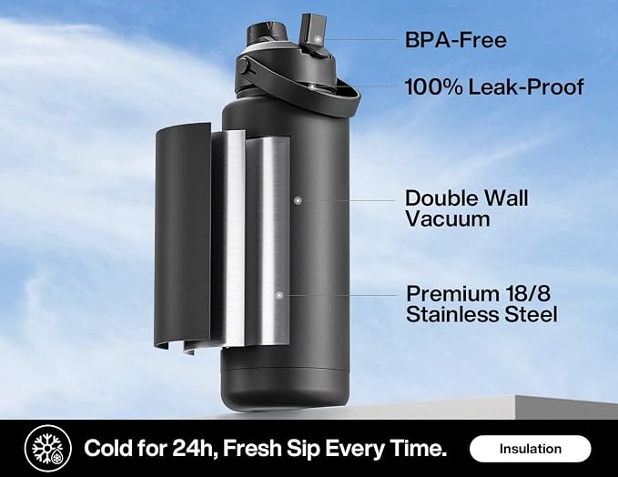 POWCAN 40 oz Insulated Water Bottle with 2-in-1 Straw and Spout Lid, Glow-in-the-Dark, 24H Cold, Leakproof, BPA-Free, Double Wall Stainless Steel for Sports, Gym, Travel, and School (Gilded Flutter)