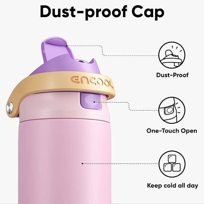 ENCOOL Leakproof Insulated Water Bottle with Straw Dual-Sip Water Bottle Bag-Safe Design for Work, Commute & Gym – Keeps Drinks Cold All Day, 18 oz, Peach Purple