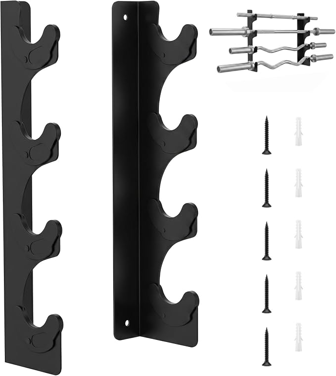 Tebery Wall Mount Barbell Rack, Heavy Duty Vertical Barbell Storage Holder for Curl Bars, Space Saving Home Gym Weight Hanger Organizer for Garage Gym Equipment