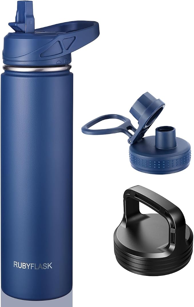 RUBYFLASK 24 oz Insulated Stainless Steel Water Bottle with Straw | 3 Lids, Wide Mouth, Metal Vacuum Leakproof Water Jug Flask and Handle, Large Thermal Cup, Navy
