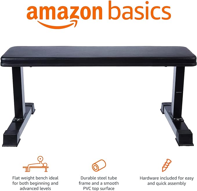 Amazon Basics Sturdy Flat Weight Bench for Home Gym, Strength Training, Stable Assembly, Black