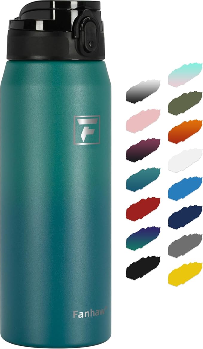 Fanhaw 24 oz Insulated Stainless Steel Water Bottle with Anti-Dust Chug Lid, Leakproof Vacuum Metal Everyday Use Bottle for Kids, Teens & Adults, Back to School Essentials (Green Blue)