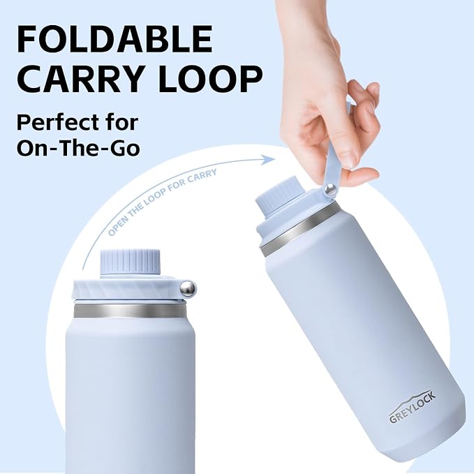 GREYLOCK 40 oz Insulated Water Bottle with Straw Lid, Leakproof Reusable Stainless Steel Vacuum Flask, 24hr Cold & Hot, Carry Handle & Silicone Spout, BPA-Free for Gym, Hiking, Travel,Blue