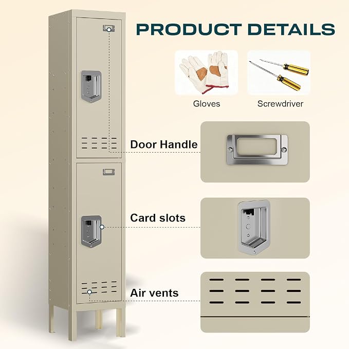 BUTISOW Metal Locker, Beige, 2 Door, 66.15" H x 11.8" W x 11.8" D