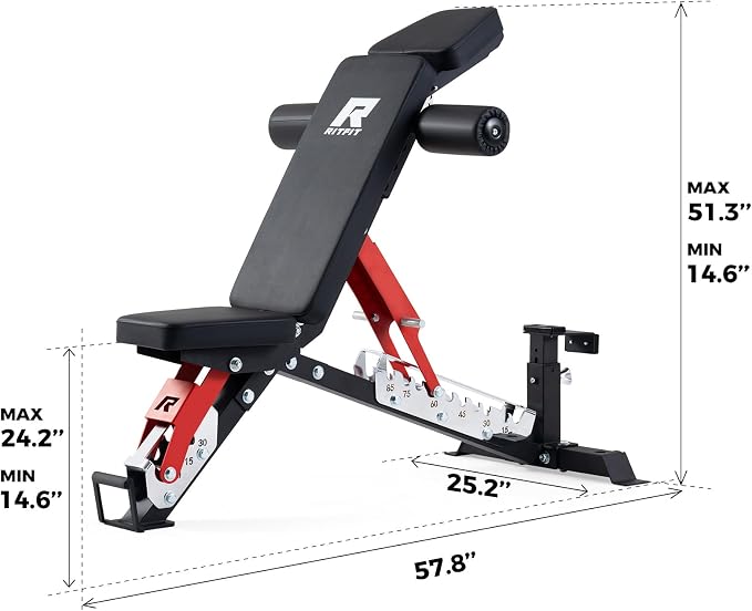 RitFit Adjustable/Foldable Utility Weight Bench for Home Gym | Incline Decline Flat, Multi-Position Backrest & Seat, Full Body Strength Training with Heavy Duty Steel Frame, Foldable