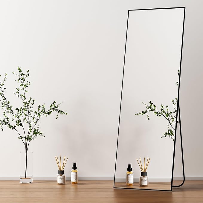Full Length Mirror with Stand,Full Body Mirror for Living Room and Dressing Room,57"x20" Aluminum Alloy Frame,Hanging or Leaning for Wall,Rectangular, Black