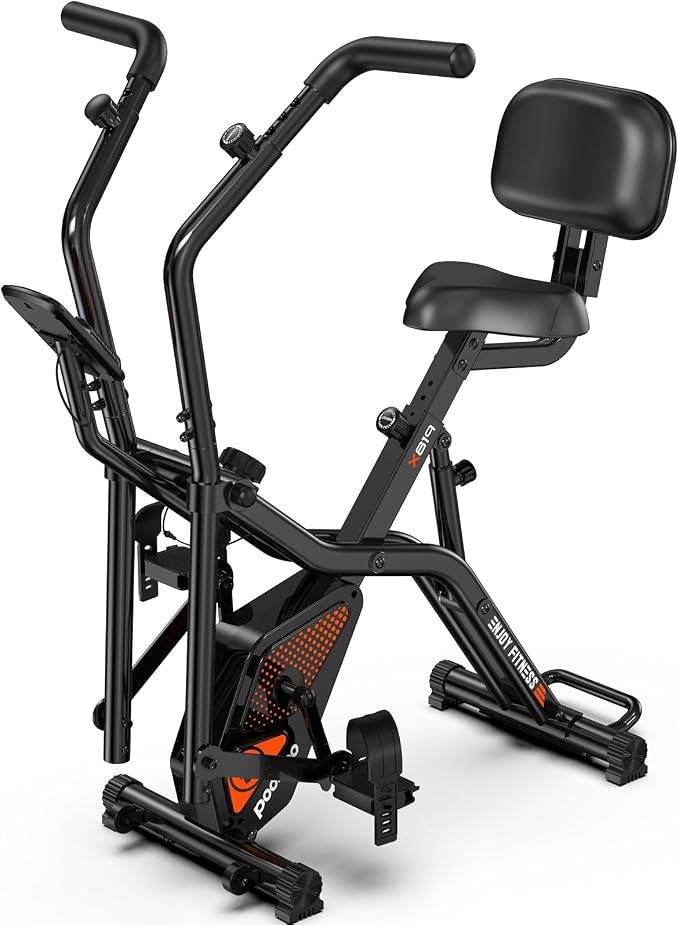 pooboo Folding Exercise Bike, Foldable Upright Stationary Bike, Indoor Cycling Magnetic X-Bike with 8-Level Adjustable Resistance, 6.6 LBS Flywheel, 300LB Capacity, Back Support Cushion for Home Gym