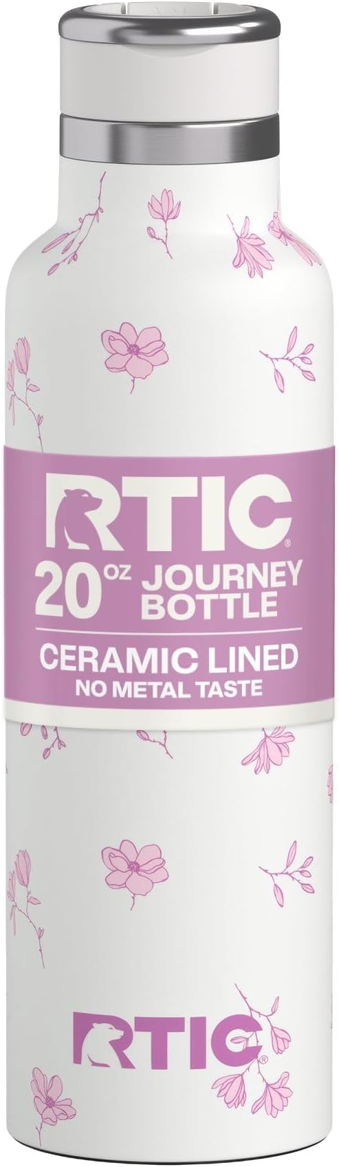 RTIC 20oz Journey Water Bottle Ceramic Lined Metal Stainless Steel Vacuum Insulated, BPA Free, Reusable, for Water, Hot and Cold Drinks, Travel, Sports, Camping, Pink Magnolias