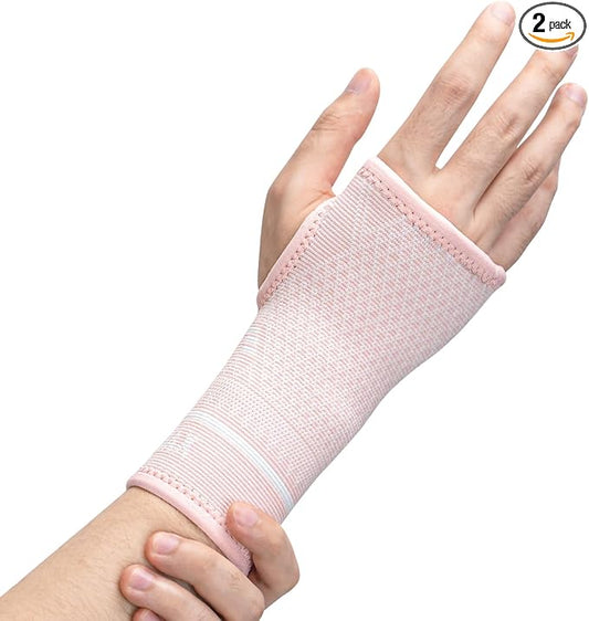 INDEEMAX Copper Wrist Compression Sleeve 1 Pair, Comfortable Hand Brace Support for Arthritis, Tendonitis, Sprains, Workout, Carpal Tunnel - Left & Right - Women and Men (Pink, M)