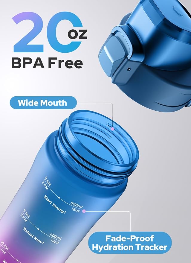 Opard Zip 20oz Plastic Water Bottle Dishwasher Safe, Leakproof Flip-Top Lid, BPA Free Tritan, Wide Mouth Reusable Kids Water Bottle for School Hiking Commuting Outdoor Travel and Gym