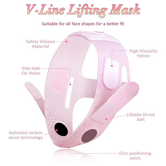 Silicone V-Line Lifting Mask, Chin Strap for Sleeping, Reusable Face Lift for Jawline Tightening, Double Chin Reduction, 23-27 Inches, Pink