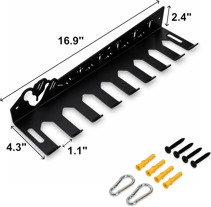 DEAYOU Home Gym Storage Rack Wall Mount, 9 Hook Gym Accessories Organization, Multi-Purpose Gym Equipment Hanger for Barbells, Resistance Bands, Jump Ropes, Lifting Belt, Row Handles, 16.5"